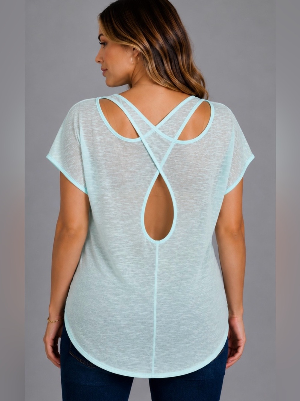 CHLOE K • Minty Blue Floral Lace Open-Back Short Sleeve Blouse Top, L - Picture 11 of 11